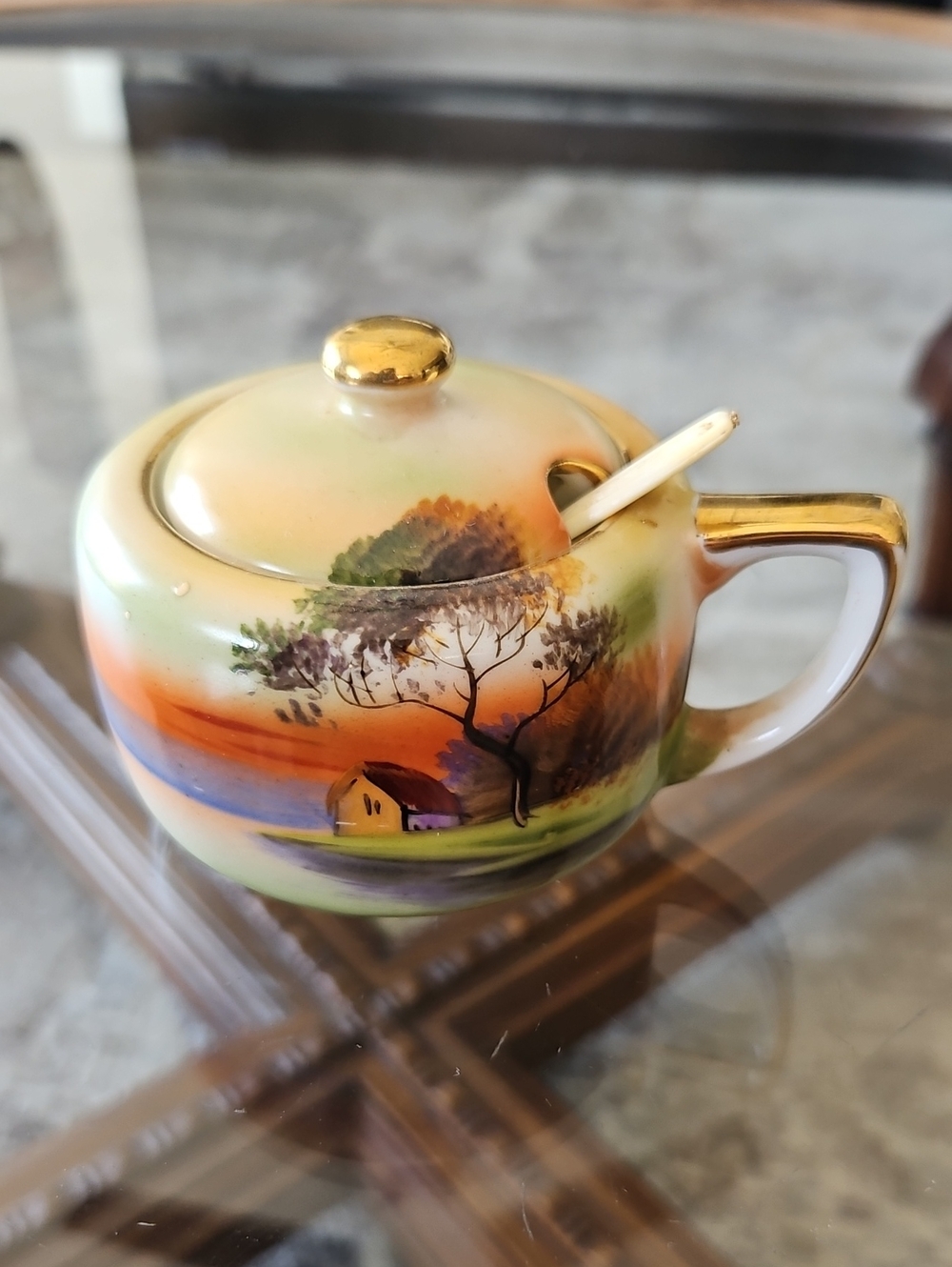 Vintage Hand-Painted Sunset Landscape Scene Mustard Bowl - Noritake